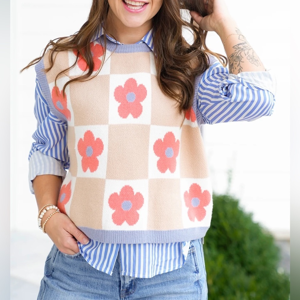 Floral Check Knit Sleeveless Sweater
